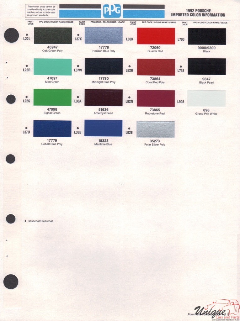 1992 Porsche Paint Charts PPG 1